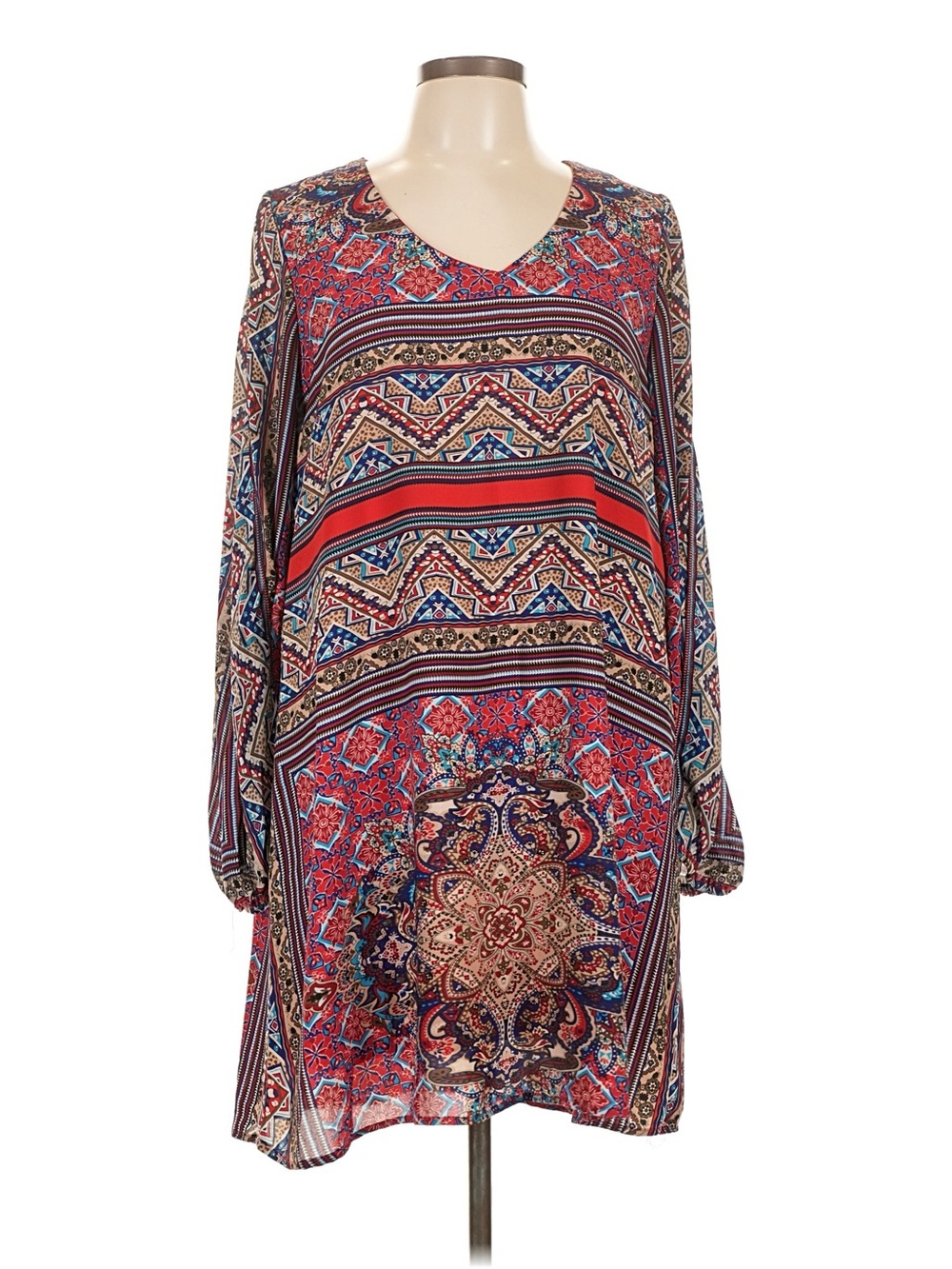 Cato Red Multi-Pattern Long Sleeve Boho Tunic Dress